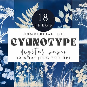 Cyanotype Digital Paper, Blue Botanical Patterns, Artistic Backgrounds, 12x12" JPEG, Decorative Paper Pack, Junk Journal Pages, Scrapbook