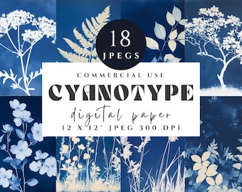 Cyanotype Floral Digital Paper, Indigo Botanical Backgrounds (Digital Download)