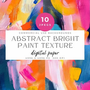 May include: Ten digital paper backgrounds featuring abstract bright paint textures in various colors, including pink, blue, yellow, and orange. The papers are 4096 x 4096 pixels and 300 DPI.