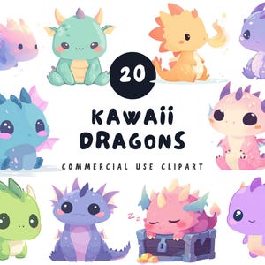 Clipart di draghi kawaii / Draghi pastello carini / Illustrazioni di creature fantasy per planner, lavoretti e adesivi per bambini / Draghi dei cartoni animati