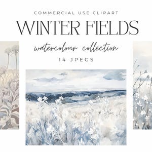 Imágenes prediseñadas de acuarela de campos invernales: flores silvestres de invierno, invierno cottagecore, paisaje invernal, tarjetas de felicitación, acuarela impresionista vintage