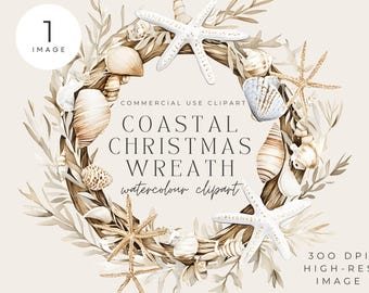 Coastal Christmas Wreath Clipart | Watercolor Seashell PNG (Digital Download)
