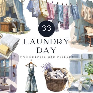 Clipart del día de la colada / Ilustraciones de tendedero estilo cottagecore / Decoración de baños vintage / Elementos estéticos rústicos para el hogar / Pegatinas para planificador