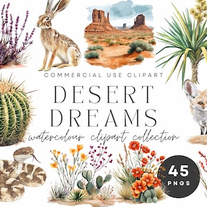 Woestijn aquarel clipart - cactus, dieren in het wild en woestijnplanten, woestijnlandschap illustraties, digitale download, commercieel gebruik