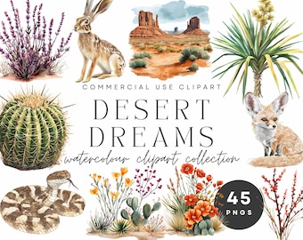 Desert Dreams aquarel clipart – Cactus, dieren in het wild (digitale download)