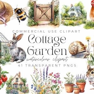Cottage Garden Clipart | Cottagecore Spring Garden | Elementos de jardim estilo vintage, PNGs florais, estufa, animais, casa de fazenda, flores silvestres