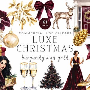 Ensemble luxueux de cliparts de Noël, graphismes des fêtes bordeaux et or, éléments de Noël glamour à la mode, usage commercial, décoration de Noël élégante