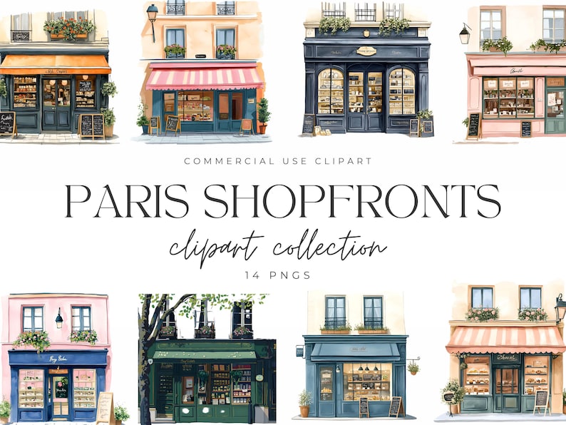 Op de afbeelding: Waterverfillustraties van Parijse winkelpanden. De afbeelding toont verschillende winkelpanden met luifels, ramen en deuren. De tekst "PARIS SHOPFRONTS clipart collection" wordt in het midden weergegeven. De afbeelding bevat 14 PNG's.