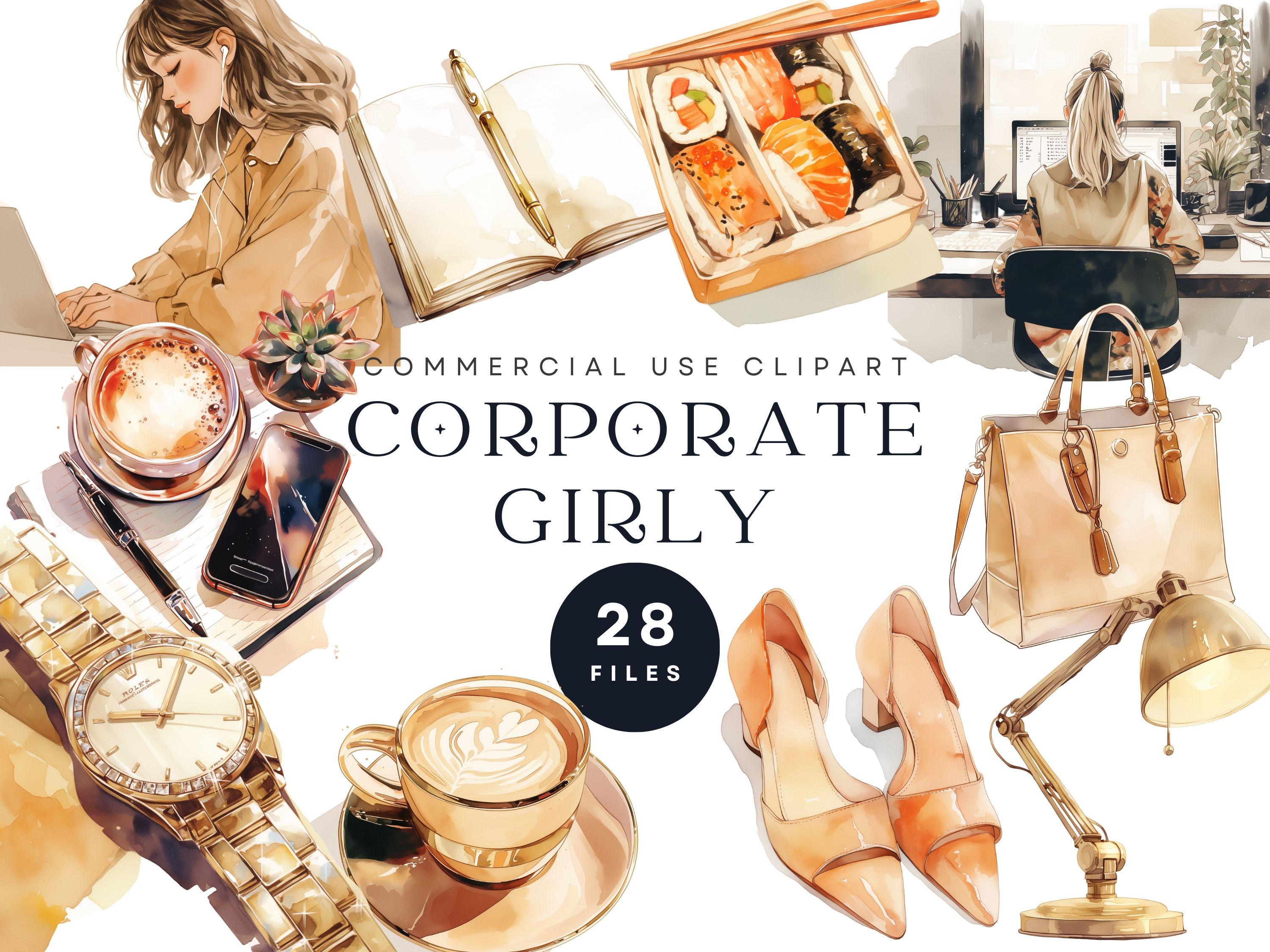 Clipart aziendale femminile – Arte digitale estetica da ufficio, Girl Boss, icone di lavoro femminili, laptop, caffè, accessori da scrivania dorati, nomade digitale