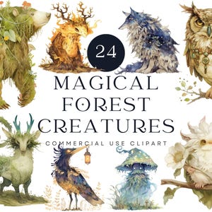 Clipart magische boswezens, Fantasy Animal Graphics, bos schepsel kunst, mythische bosdieren, grillige natuur illustraties
