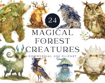 Magical Forest Creatures Clipart, Watercolor Animal Graphics (Digital Download)