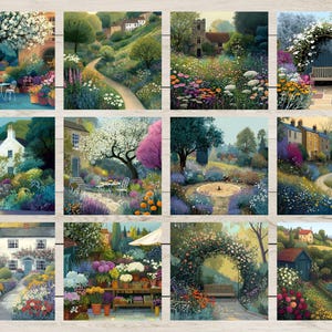 May include: A collection of twelve colorful garden landscape art prints. Each print depicts a different garden scene with flowers, trees, pathways, and buildings. The artwork features a variety of colors, including blues, greens, pinks, and yellows, creating a vibrant and inviting atmosphere.