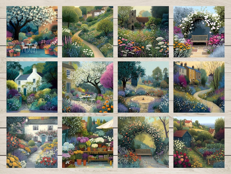 May include: A collection of twelve colorful garden landscape art prints. Each print depicts a different garden scene with flowers, trees, pathways, and buildings. The artwork features a variety of colors, including blues, greens, pinks, and yellows, creating a vibrant and inviting atmosphere.