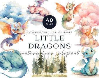 May include: A set of 40 watercolor clipart images featuring cute little dragons in various poses. The dragons are depicted in shades of blue, green, pink, and orange, with some sleeping on clouds and others flying. The text "COMMERCIAL USE CLIPART LITTLE DRAGONS watercolour clipart" is included in the image.