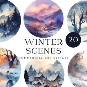 Clipart paysage aquarelle d'hiver, cartes de Noël, illustration de la nature pour autocollants, journaux, travaux manuels en papier, sublimation et scrapbooking