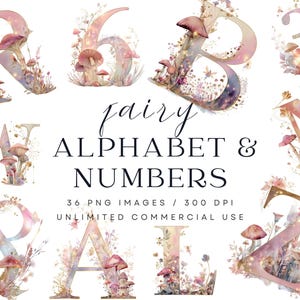 Clipart lettres et chiffres de l'alphabet féerique, police florale fantaisiste avec champignons et éléments magiques pour décoration de chambre d'enfant et création artisanale