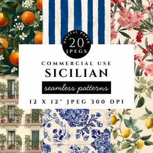 Puede incluir: Un paquete de papel digital con 20 patrones sicilianos sin costuras. Los diseños incluyen naranjas sobre un fondo verde oscuro, rayas azules y blancas, flores rosas y ramas de limón. El paquete es de 30,48 x 30,48 cm a 300 DPI.