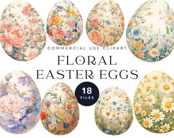 May include: 18 floral Easter egg illustrations. The eggs are decorated with various flowers and patterns, including roses, daisies, and other wildflowers. The eggs are in a variety of colors, including pink, blue, yellow, and green.