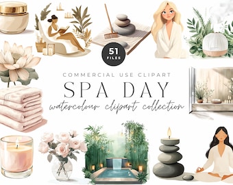 Könnte beinhalten: Aquarell-Clipart-Sammlung mit Spa-Tag-Elementen, darunter eine Frau im Bademantel, eine Lotusblume, Kerzen, Handtücher, ein Diffusor, ein Zen-Garten und ein Pool. Der Text "COMMERCIAL USE CLIPART SPA DAY watercolour clipart collection" ist im Bild enthalten.