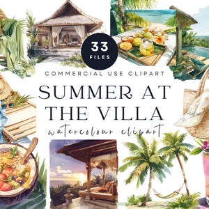 Clipart villa tropicale, clipart été aquarelle, art de la station balnéaire, graphiques de vacances de luxe, esthétique côtière, illustrations de voyage bohème