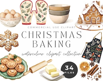 Christmas Baking Clipart Collection - Watercolor Kitchen and Bakery Elements, Festive Baked Goods and Treats, Scrapbooking, stationery