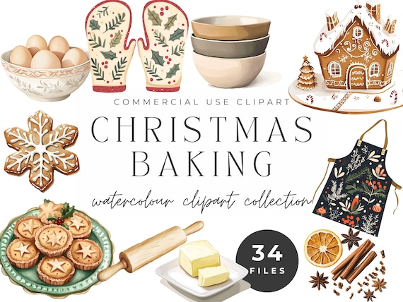 Watercolor Christmas Baking Clipart – Festive Kitchen Graphics (Digital Download)