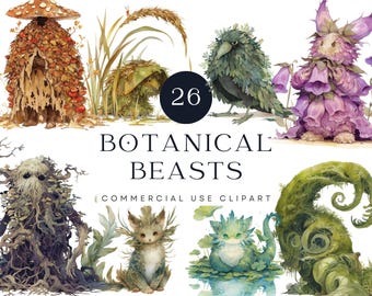 Magical Forest Creatures Clipart, Watercolor Fantasy Woodland Animal Graphics (Digital Download)