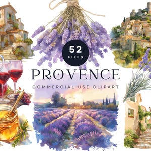 Aquarel clipart Provence, Frans platteland, lavendel, rustiek dorp, wijn en kaas, mediterrane esthetiek, reisillustratie