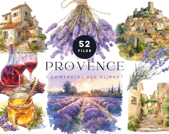 Provence Watercolor Clipart, French Lavender Fields, Rustic Village (Digital Download)