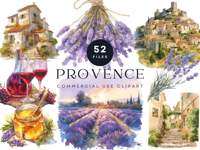 Watercolor Provence clipart set with lavender fields, rustic villages, vineyards, wine, cheese, olive branches, blue shutters, and French countryside scenery