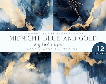 Midnight Blue and Gold Watercolor Digital Paper – Abstract Backgrounds (Digital Download)