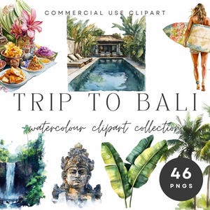 Aquarelcollectie reis naar Bali | Hoge resolutie png-bestemming: clipart, tropisch decor, reizen scrapbooking, uitnodigingen, digitale collage
