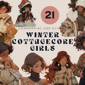 Collection de cliparts filles Cottagecore hiver - Illustrations de mode cosy, esthétique cottage, art numérique PNG, style hivernal, ambiance hygge