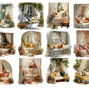May include: Watercolor illustrations of cozy window seats with pillows, draped curtains, and floral arrangements. Each scene depicts a serene, inviting space with soft lighting and a romantic ambiance, perfect for relaxation.