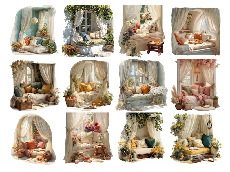 May include: Watercolor illustrations of cozy window seats with pillows, draped curtains, and floral arrangements. Each scene depicts a serene, inviting space with soft lighting and a romantic ambiance, perfect for relaxation.
