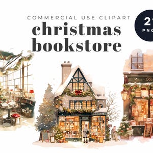 Lot de cliparts Noël librairie, devantures de magasins confortables, décoration festive de librairie, illustrations d'hiver à l'aquarelle, librairies