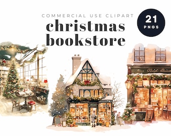 Puede incluir: Una ilustración de acuarela de una librería navideña con un exterior nevado y un interior cálido y acogedor. La librería está decorada con guirnaldas, luces y un árbol de Navidad. Las ventanas están llenas de libros y las estanterías están apiladas con decoraciones festivas. El letrero sobre la puerta dice "Navidad".