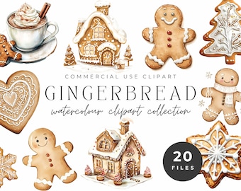 Gingerbread Cookie Clipart - Christmas Watercolor Illustrations, Festive Holiday Decor Graphics, Digital Download, Commercial Use