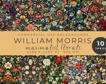 May include: A set of 10 digital floral patterns in a dark background with vibrant colours. The patterns are inspired by the work of William Morris and are perfect for use as backgrounds or for creating your own designs.  COMMERCIAL USE BACKGROUNDS WILLIAM MORRIS maximalist florals 4096 X 409X PX 300 DPI 10 JPEGS