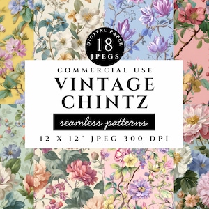 Vintage chintz digital paper, seamless floral patterns, pastel flower backgrounds, cottagecore scrapbook pages, botanical wallpaper art