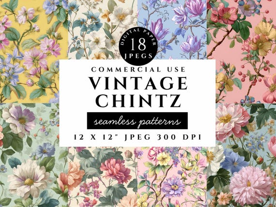 Vintage Chintz Floral Patterns, Seamless Cottagecore Digital Paper (Digital Download)