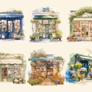 Pu&ograve; includere: Sei illustrazioni ad acquerello di negozi di fiori con diverse facciate e composizioni floreali. Ogni negozio ha un baldacchino verde ed &egrave; decorato con fiori e piante.
