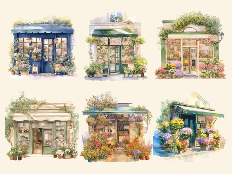 Pu&ograve; includere: Sei illustrazioni ad acquerello di negozi di fiori con diverse facciate e composizioni floreali. Ogni negozio ha un baldacchino verde ed &egrave; decorato con fiori e piante.