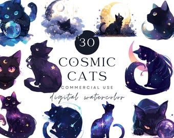 Galaxy Black Cat Clipart-paket, himmelska akvarell illustrationer (digital nedladdning)