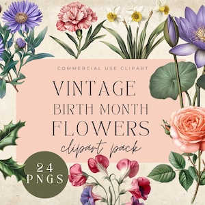 Vintage mois de naissance fleurs Clipart - PNG transparents - usage commercial - téléchargement numérique pour scrapbooking, carnets indésirables, papeterie