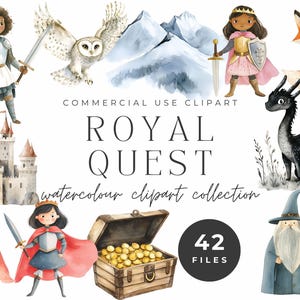 Ensemble de cliparts aquarelle de conte de fées, illustrations d'aventures fantastiques, chevalier, princesse, château, dragon, sorcier, usage commercial