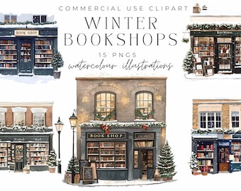 Winter Bookshops Clipart - Watercolor Christmas Bookstore Illustrations, Festive Street Scenes, Digital Download, Commercial Use