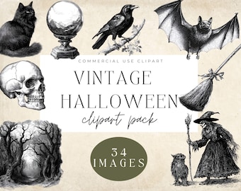 Vintage Halloween Clipart - Transparent PNGs - Commercial Use - digital download for scrapbooking, junk journals, stationery