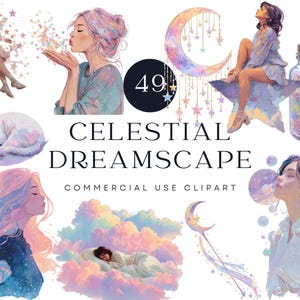Celestial Girl-clipart | Dromerige maansterillustraties | Etherische nachtelijke hemel esthetiek | Pastelsterrenstelsel | Droomdagboek, dromerige pastelkunst