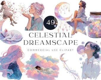 Clipart di ragazza celeste / Luna, stelle, galassia ad acquerello (download digitale)